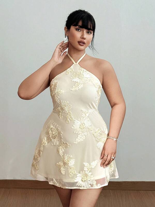 Viva Relle 2025 Plus Size Women's Elegant Sexy Fashion Date Night Party Dress, Floral Mesh Bodycon Stretch Dress