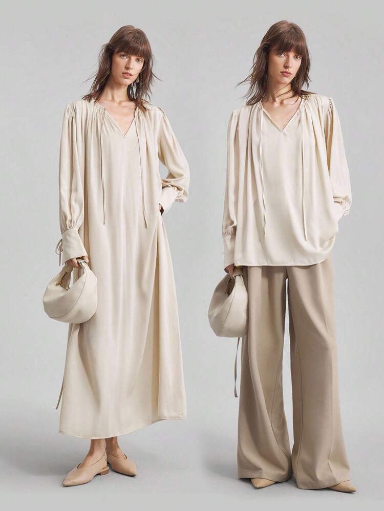 New 2025 Women Elegant Pleated Collar & Cuff Tie Detail Blouse, Round Neck, Long Sleeve, Satin Fabric, Apricot Color, Loose Fit, Casual/Business Wear, Chic Top Business Casual Women's Clothing Office Clothing Low-Key Old Money Style Effortless Temperament High-End Urban Commuting High-Quality Airport Women's Clothing High-End Material Beach Clothing, Bohemian Style Vacation Wear, Summer Ins Celebrity Same Style Vacation Style, Exotic Atmosphere, Country Concert, Western Style Clothing