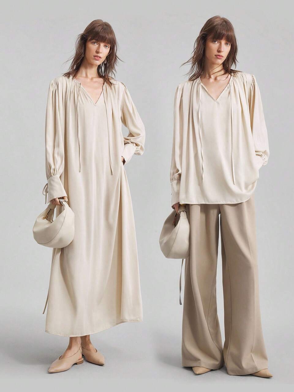 2025 Women Elegant Pleated Collar & Cuff Tie Detail Blouse,Round Neck,Long Sleeve Satin Fabric,Loose Fit Beige Autumn Office Business Casual Top