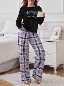 EURMUSE 加字母和格子印花长袖上衣配裤子睡衣套装睡衣套装 - 黑色 - 查看 5