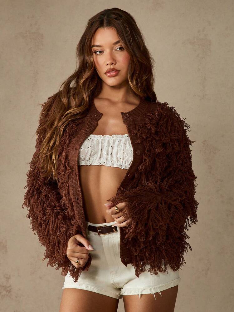 MISSGUIDED Oversized Loop Knit Shaggy Cardigan With Button