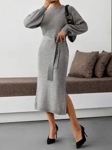 EURMUSE Casual Crew Neck Solid Color Balloon Sleeve Mini Side Slit Belted Bodycon Drop Shoulder Knit Dress For Fall Winter Women Daily Chic Sweater Dress Midi Dress Long Sleeve Midi Dress Knit Midi Dress Midi Knit Dress Belted Knit Dress - Grey - View 4