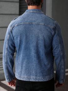 Manfinity LEGND 男士中蓝色成熟街头风格牛仔夹克，带领拉链，牛仔机车夹克，适合丈夫和男朋友，秋季 - 中等水洗藍 - 查看 2