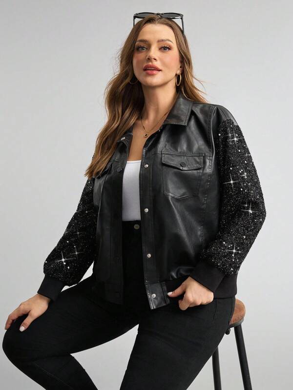 Comfylo Plus Size Women'S Autumn And Winter Bomber Old Money Style Women Jacket Women Pu Fabric Patchwork Sleeve Sequined Gothic Bomber Punk Jacket Women Plus Size Women Going Out Outfits Halloween Costumes Women Jacket Halloween Plus Size Old Money Style Jacket Fall