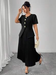 Elenzga Plus Size Women Metal Button Decor Round Neck Top And Pleated Skirt Elegant 2 Pieces Set