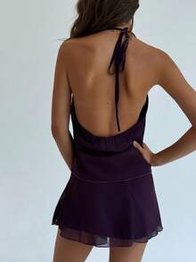 Aloruh 梅紫色性感露背金属装饰吊带短款上衣 + 不对称下摆金属装饰迷你裙 2 件套，适合音乐节和度假 - 中紫紅色 - 查看 2