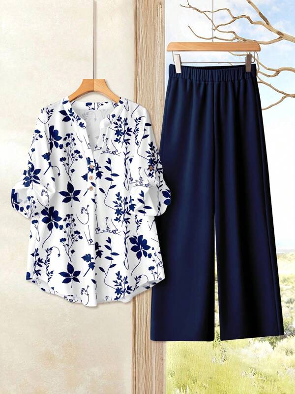 EMERY ROSE Conjunto informal de 2 piezas con estampado floral retro y manga 3/4 para mujer