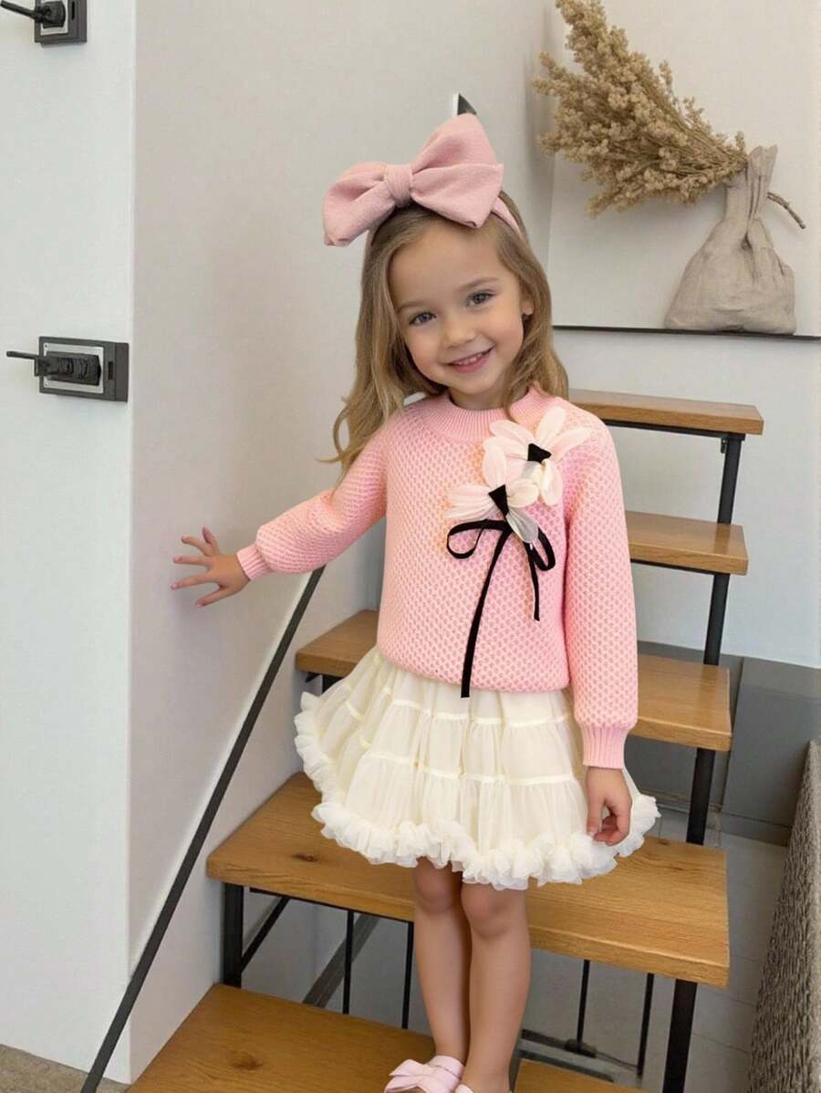 SHEIN Young Girl Pink Autumn Fairy Tutu Skirt Set, 3D Floral Decor Round Neck Pullover & Ruffle Dress With Bow, Comfortable Warm Young Girl Knitted Outfit - Pink - View 1