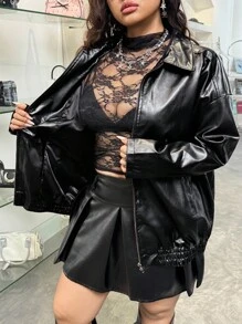 SHEIN EZwear Plus Drop Shoulder Zip Up PU Leather Jacket Winter Fall Autumn - Black - View 6