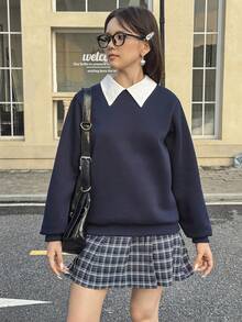 SHEIN 2pcs/Set White Collar Navy Sweatshirt + Plaid Pleated Mini Skirt Outfit Fall Winter