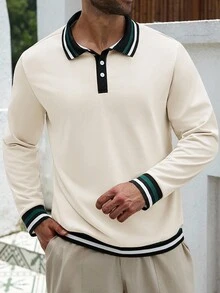 Manfinity Homme Felpa casual con maniche lunghe e dettagli a contrasto, taglia comoda per uomo. Polo a maniche lunghe da uomo. Polo da uomo, autunno. - Albicocca - Visualizzare 5