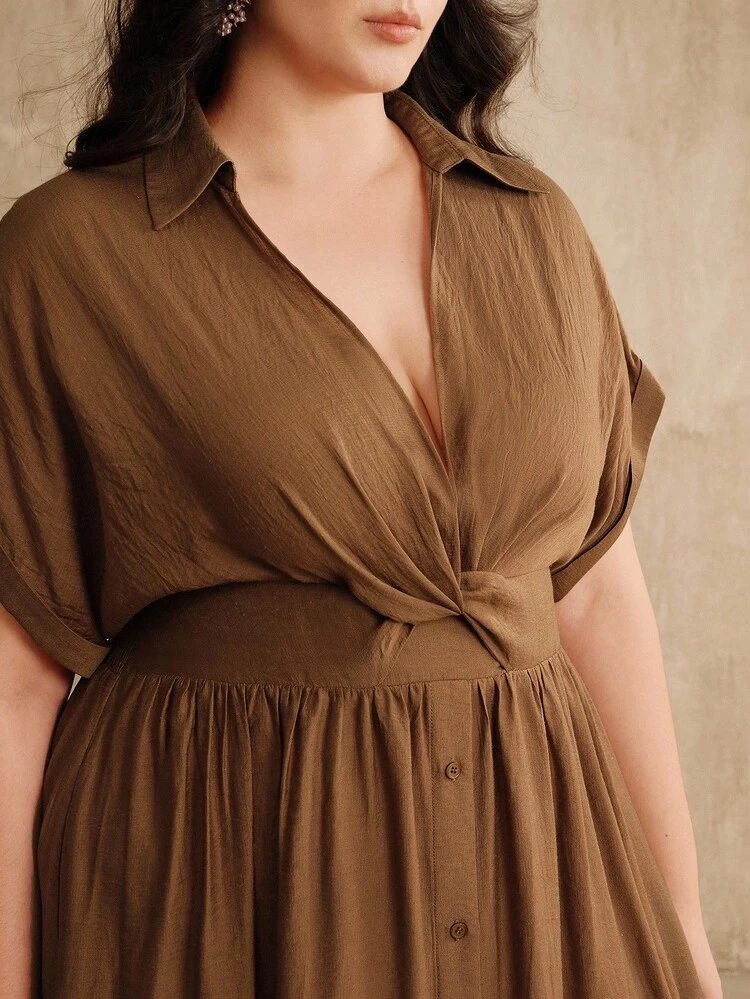Plus Size Elegant Collared Cross Design Short Sleeve Single-Breasted Long Dress, Brown, Summer