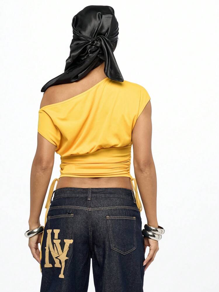 SUMWON WOMEN Off Shoulder Distressed Letters Design Drawstring Side Crop Top