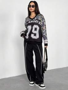 Teens (Girls) Casual Street Sports Jersey Camouflage Oversized V-Neck Sweatshirt Fall Winter - Black - View 9
