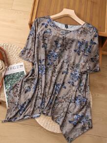 EMERY ROSE Áo sơ mi tay ngắn cổ tròn họa tiết hoa phong cách Boho mùa hè cỡ lớn cho mẹ, dáng rộng, thoải mái, phong cách đồng quê - Nhiều màu - Xem 1