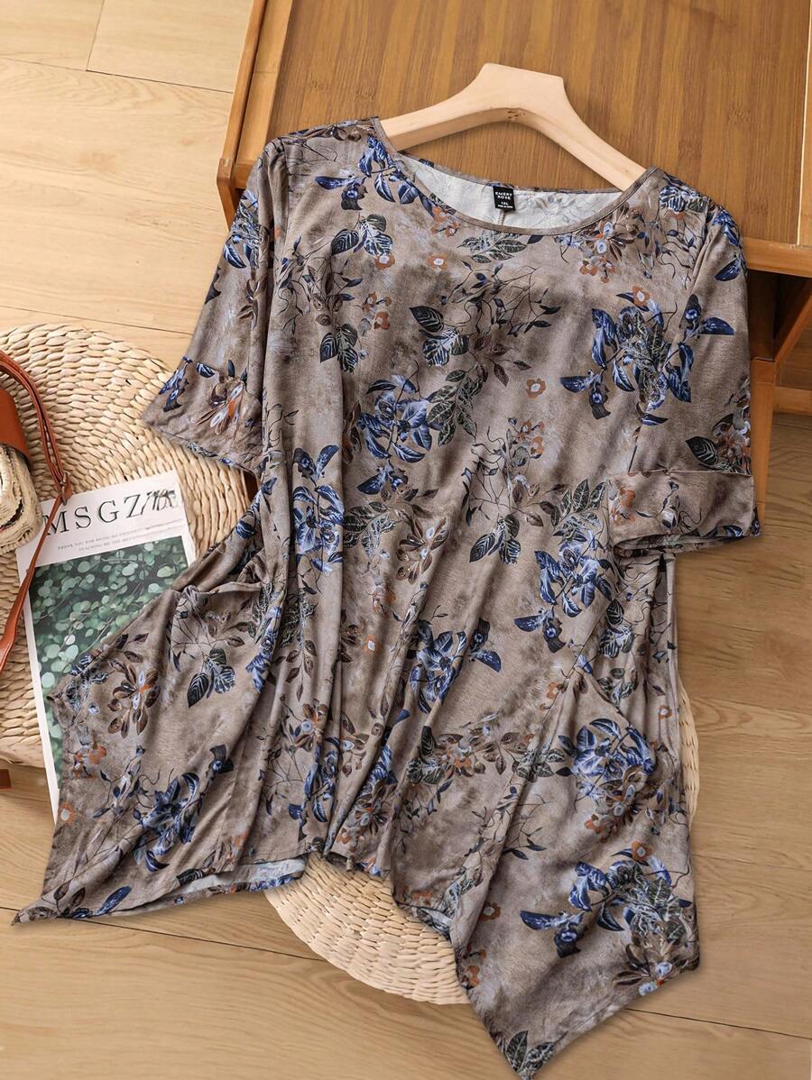 EMERY ROSE Áo sơ mi tay ngắn cổ tròn họa tiết hoa phong cách Boho mùa hè cỡ lớn cho mẹ, dáng rộng, thoải mái, phong cách đồng quê - Nhiều màu - Xem 1