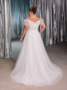 Glamrae Plus Size Autumn And Winter Elegant Romantic Gorgeous White Sequin Embroidery Round Neck Gathered Overlap Luxurious Applique Design Puff Sleeves Puffy Oversized Skirt Suitable For Dinner Holiday Honeymoon Dance Wedding Event Bride Beautiful Wedding Dress - White - View 5