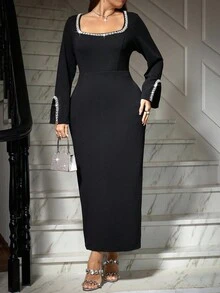 SHEIN Clasi 大码女式水钻装饰方领长袖优雅连衣裙 - 黑色 - 查看 7