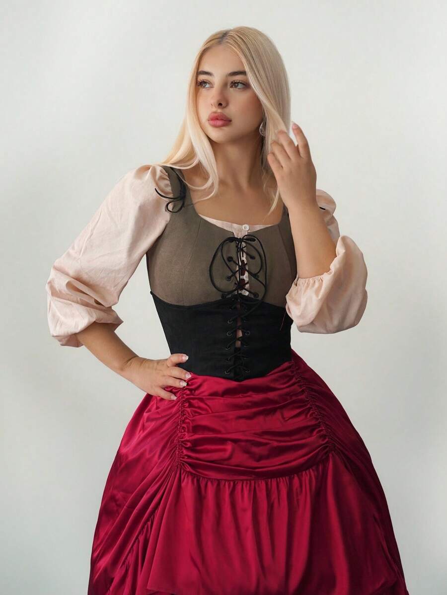Sweetina Women's Oktoberfest Suede Eyelet Lace-Up Long Sleeve Shirt Layered With Ruched A-Line Asymmetrical Hem Flounce Hem Dress - Red and Black - View 1