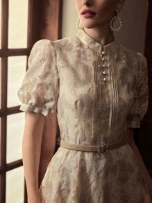 ZEYLAH Organza Short Puff Sleeve Stand Collar Women's Elegant Belted Dress - Apricot - View 2