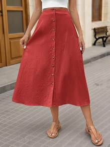 Brillora Women's Solid Color Front Button Simple Skirt, Casual Everyday Wear - Red - View 4