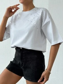 EURMUSE 100%Cotton Women's White T-Shirt With Rhinestones Detail - White - View 3