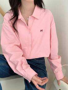 Dazy Kids 少女宽松休闲蝴蝶结刺绣衬衫，秋季 - 粉色 - 查看 3