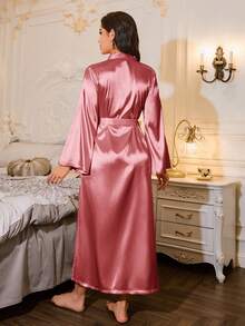 LuxeNights Luxe Nights French Elegant Loose Long Robe, Women Sleepwear Satin Robe, For Fall, Winter - Pink - View 2