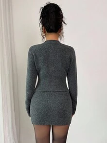 Elenzga 2 件套深灰色女士腰部塑身修身毛衣裙，秋冬款 - 深灰色 - 查看 2