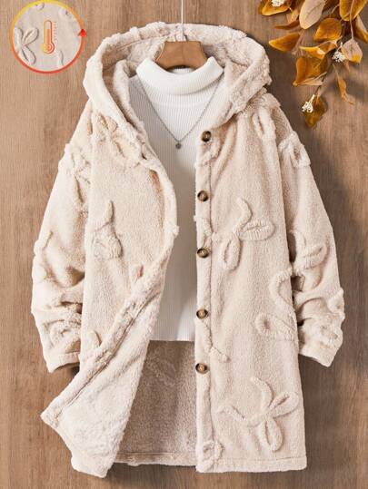 1pc Girls Plus Fuzzy Hooded Cardigan, Long Sleeve Knee-Length Soft & Comfortable Butterfly Knit Pattern Jacket, Autumn/Winter Fall