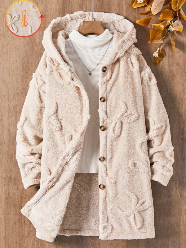 Sparklyn 1 件女童加大号毛绒连帽开衫，长袖及膝柔软舒适蝴蝶针织图案夹克，秋冬