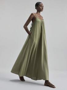 Ontre 秋季细肩带宽下摆连衣裙，带串珠装饰，休闲都市商务度假海滩度假音乐节优雅女士连衣裙 - 軍綠色 - 查看 8