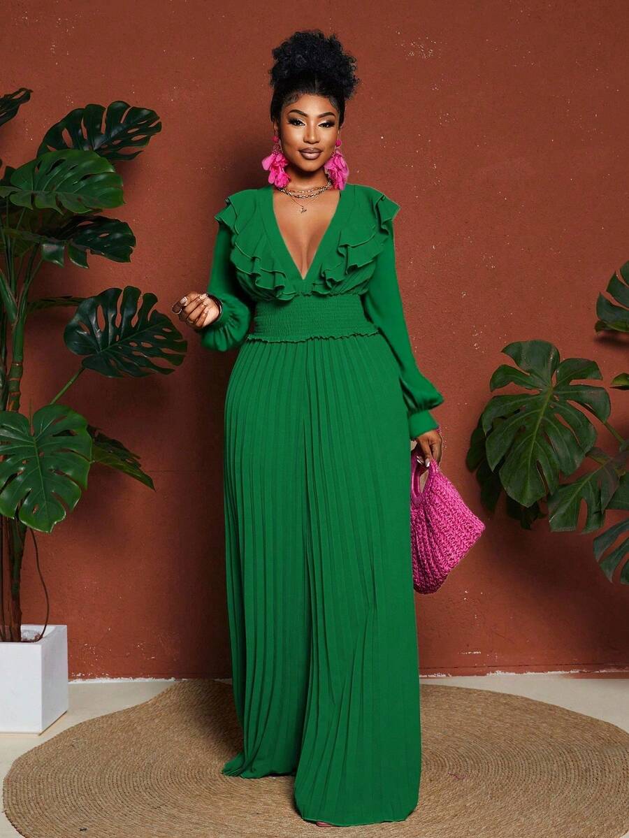 Maweii Geraffter Volant Taille Plissee Langarm Jumpsuit