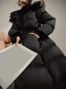 DAZY Women's Fashionable Fur Collar Hooded Jacket With Belt, Winter Long Puffer Coat Women Long Winter Coat Women Puffer Coat With Belt Winter Coat With Fur Hood Long Black Puffer Coat