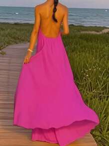INAWLY Women's Fashion Casual Elegant Sexy Romantic Backless Halter Sleeveless Dress, Suitable For Vacation - Hot Pink - View 4