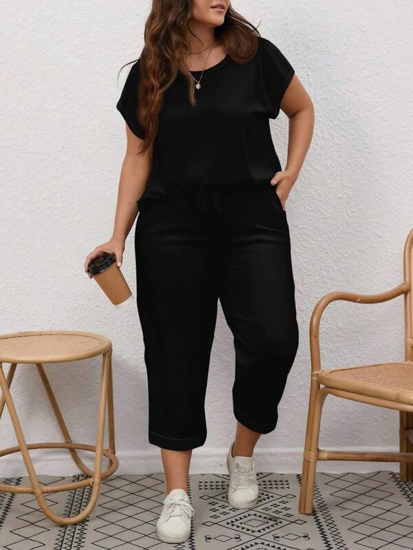 EMERY ROSE 2pcs Casual Minimalist Black Batwing Sleeve Top With Pockets And Pants Set, Suitable For Summer Vacation And Home Wear, Plus Size Suitable For Going Out