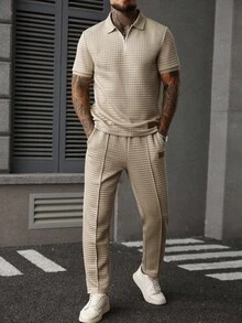 Manfinity CasualCool Men's Summer Casual Commuter Embellished Textured Fabric Half-Zip Polo Shirt And Seam Front Pants Set, Men 2 Pieces Outfit, Old Money Style, Cozy Outfits