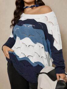 Zelara Plus Size Casual Colorblock Round Neck Bating Sleeve Sweater, Autumn/Winter Women Sweaters Pullover For Women Winter Fall For Women Women's Winter Sweater Office For Women,Suitable For Daily Wear, Holiday Elegant,Office Siren Style - Multicolor - View 3