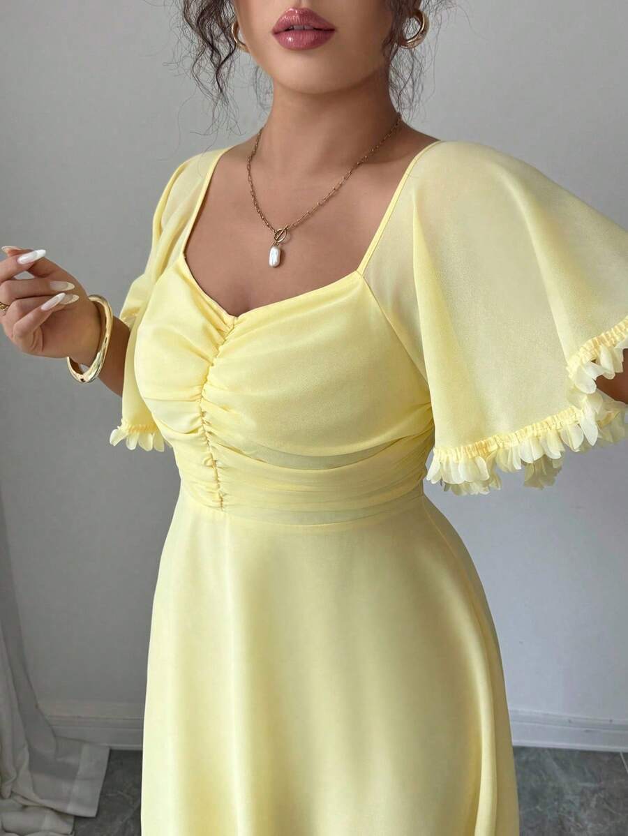 Modelyn Women's Solid Buttercup Yellow Chiffon Ruffle Sleeve Design Summer French Style Vacation Dress - Yellow - View 1