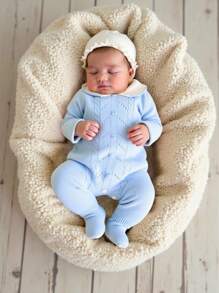 SHEIN Playful Pals Baby Girls Knit Jumpsuit With Vintage Twist Cord Collar, Long Sleeve Button Back Footied Jumpsuit, Soft & Comfy Suitable For Everyday, Outings, Travel, Vacation, Home, Daycare And Play