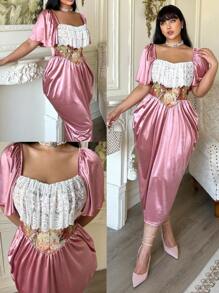 Lyrianda Vestido de cintura con estampado floral romántico vintage patchwork