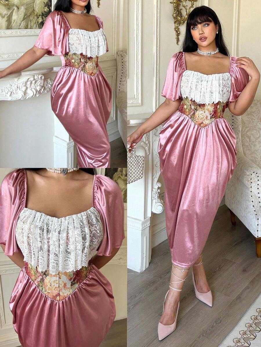 Lyrianda Vestido de cintura con estampado floral romántico vintage patchwork