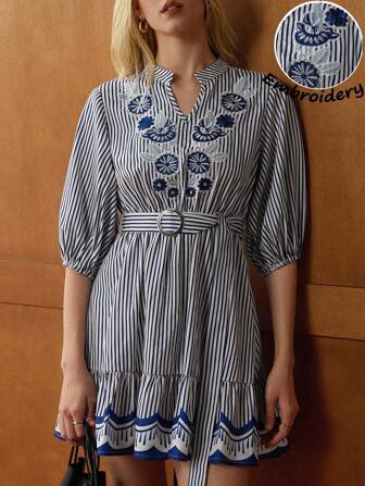 Écloséra Fashionable Temperament French Retro Waist V-Neck Blue And White Striped Embroidery Lantern Sleeves Ladies Autumn And Winter Elegant Blue Dress Vintage Fall Dresses For Women Fall Women Clothes Elegant Dresses For Women Striped Dress Teacher Dress Going Out Dress Teacher Clothes Summer Dress