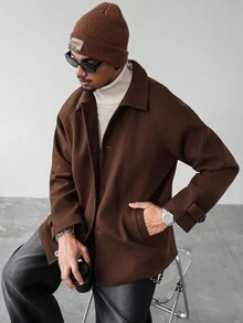 Manfinity Homme 男士纯色插肩袖单排扣休闲大衣，送给男友的绝佳礼物，返校季男士棕色衬衫式夹克，男士外套，复古风格，秋冬款 - 咖啡棕 - 查看 5