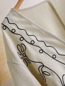 CosyJoli 大尺碼女款刺繡開襟衫，白色優雅休閒單身派對婚禮賓客外套，長袖繫帶前襟上衣外套，秋季款 - 杏色 - 查看 6
