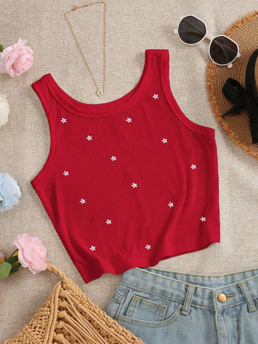INAWLY Top corto con cuello redondo y bordado floral diminuto para mujer - Rojo - Ver 1