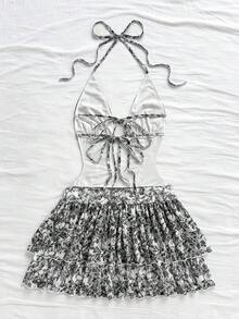 Soleia Váy ngắn in hoa xanh trắng cổ chữ V khoét sâu hở lưng, viền bèo nhún phía trước, thích hợp cho tiệc tùng, hẹn hò gợi cảm, trà chiều, dạo phố, nghỉ dưỡng, lễ hội âm nhạc, bãi biển vào mùa xuân/hè - Nhiều màu - Xem 2