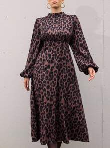 Aveloria Modichic Vintage Leopard Print Ruched Front Waist Cinched Long Sleeve Dress Fall Cloth For Women - Multicolor - View 4