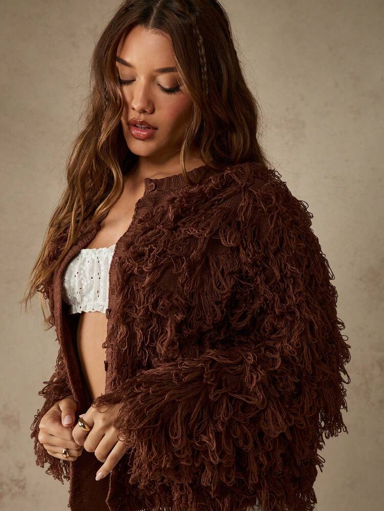 MISSGUIDED Sweter z dzianiny Shaggy Loop z guzikami z przodu, przytulny, jesienny, zimowy, w stylu boho, gruby, oversize, teksturowany, z długim rękawem, kurtka, swobodny, warstwowy