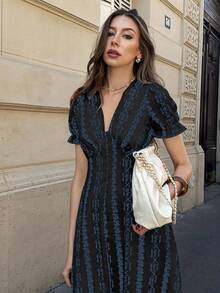 Pariaura Elegant Puff Sleeve V-Neck Vintage Print Waist Cinched Long Dress, Spring/Summer - Blue - View 1